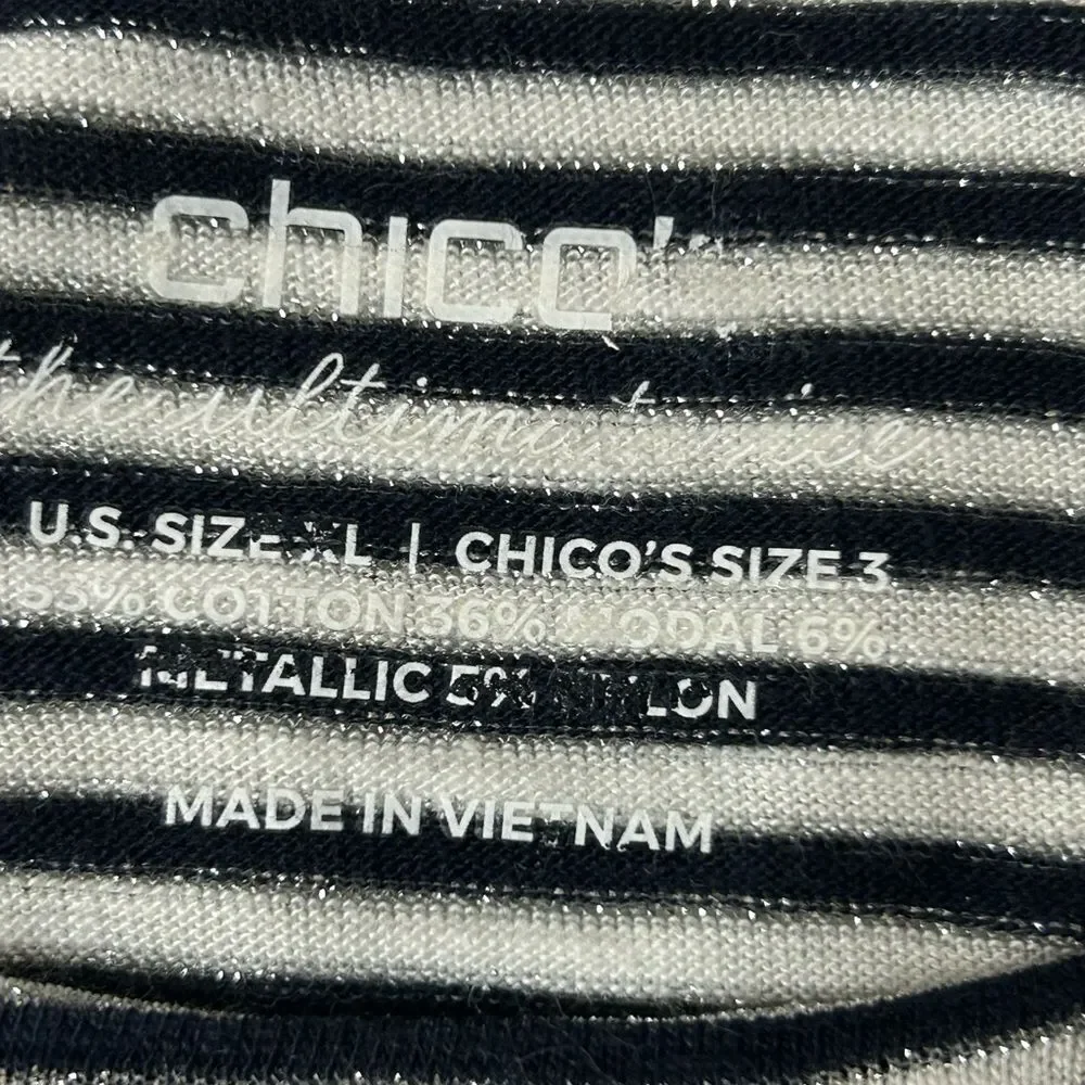 Chico's women Black and White Striped Top with Metallic Accents.cotton modal .